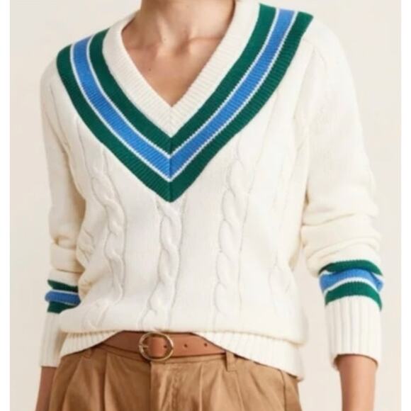 Vineyard Vines Sweaters - Vineyard Vines Cable V-Neck Varsity Sweater 100% Cotton Blue+Green Stripes (XS)